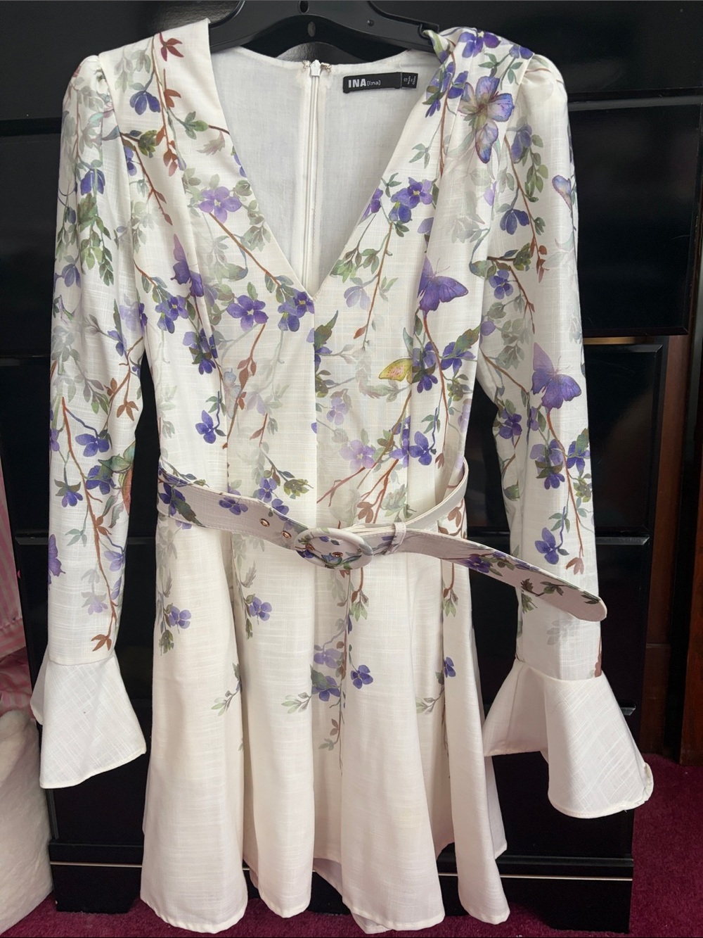 Ina White Mini Dress with Purple Floral Print and Belt